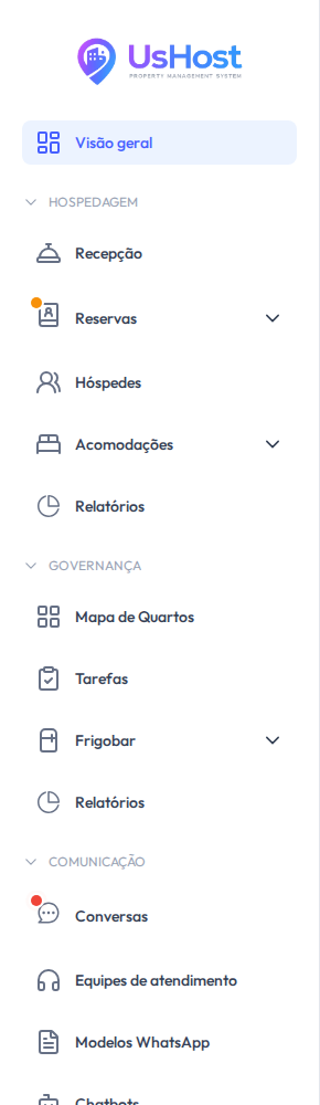 Menu lateral com as seções abertas