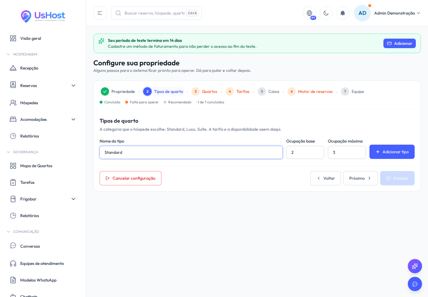 Passo de tipos de quarto, com o formulário preenchido