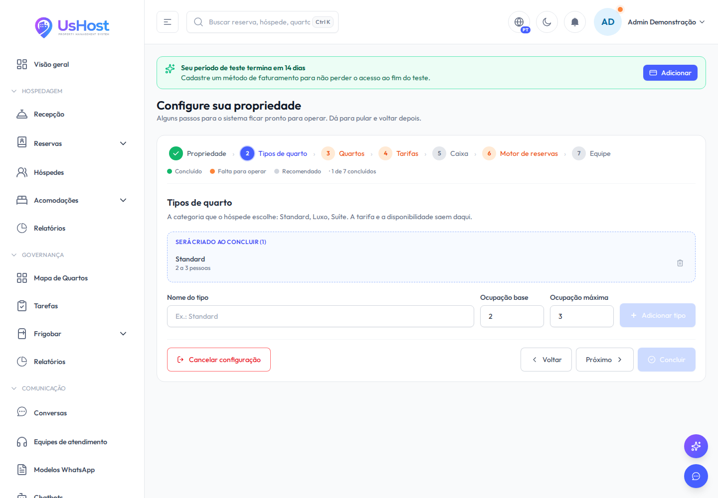 Lista do que será criado ao concluir